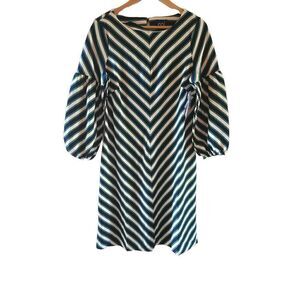 ECI New York Striped Long Puffed Sleeve Dress Navy Green White Medium
